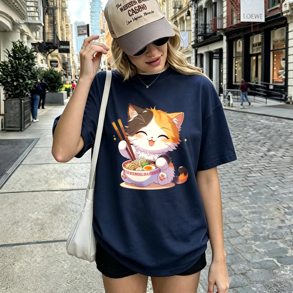 Cute Ramen Cat Graphic T-Shirt Kawaii Calico Noodle Kitty Japanese Food Lover Casual Summer Animal Fan Gift Tee Cotton Tops