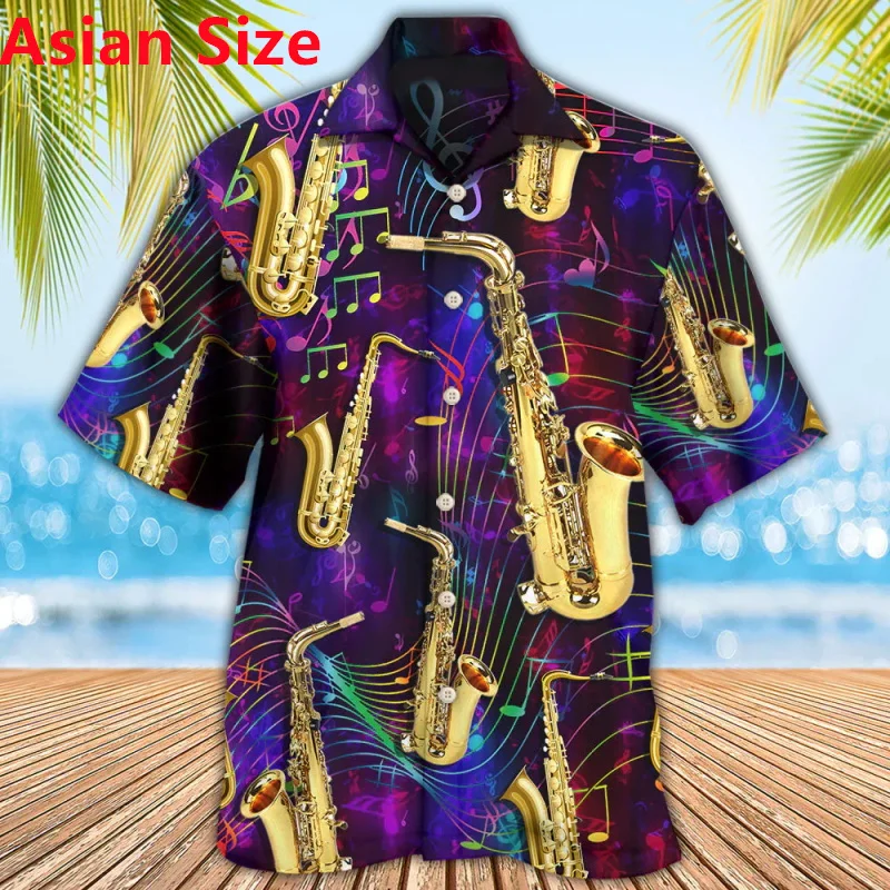 Musical Instruments Saxophone Printed Hawaiian Shirt For Men Short Sleeve Casual Button Beach Shirt Blouse Mens Vacation Shirt