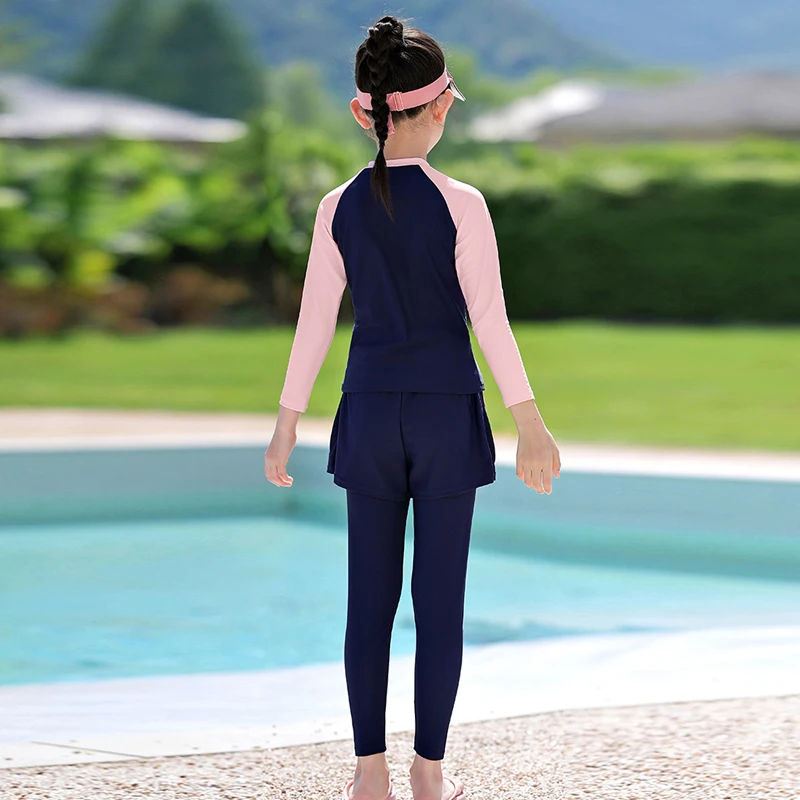 Kids Girls Two Piece Burkini Swimsuit Long Sleeve Sun Protection Swimwear with Shorts and Leggings Muslim Swimming Suit Bathing