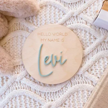 Personalised Wooden Hello World Name Plaque - Newborn Announcement Sign - Name Plaque for Birth Announcement