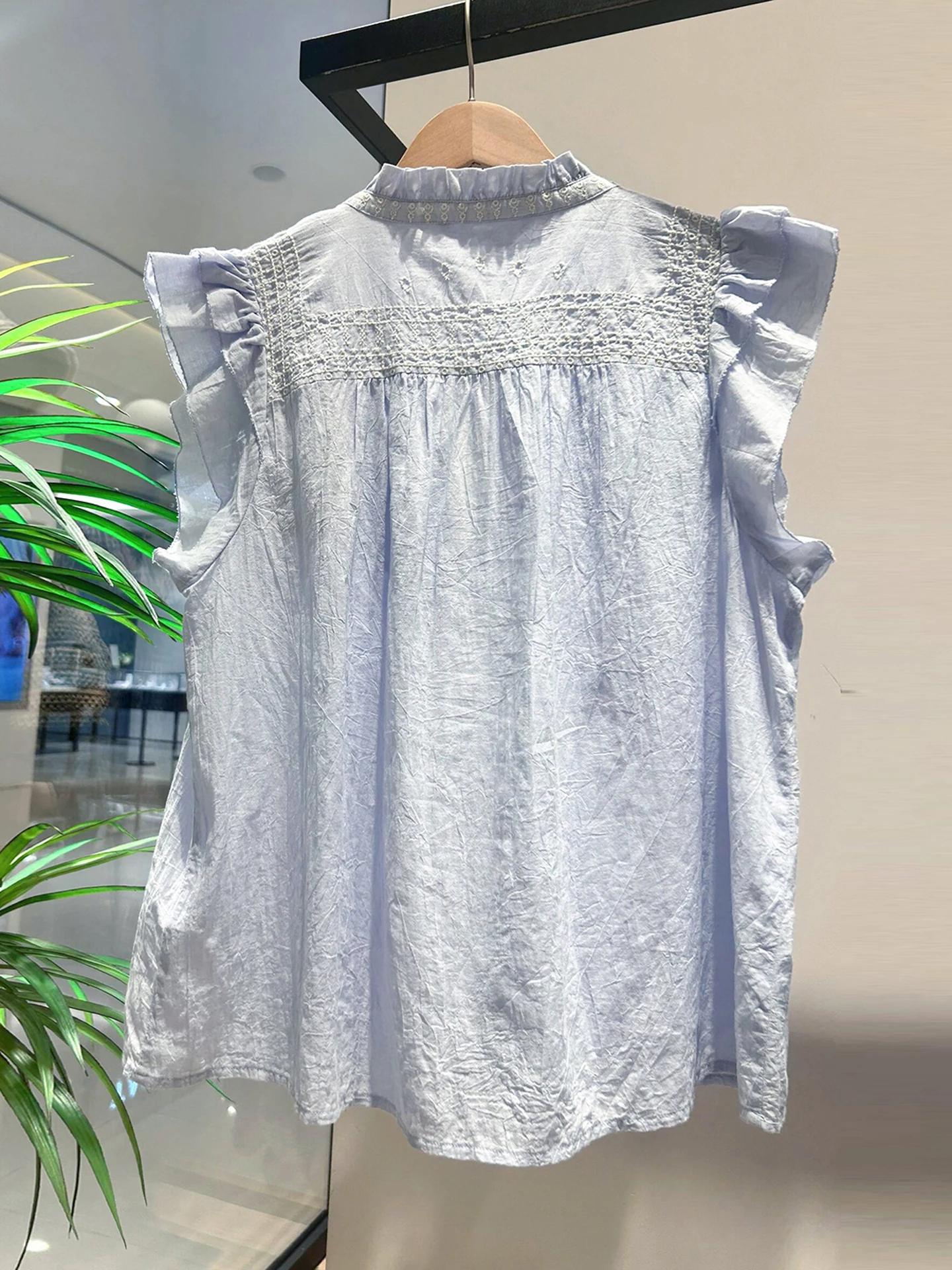 

Ele Embroidered irt Women's Premium Faion Summer 2025 Stand Collar ort Sve Fly Sve Lace Trim Belted Top