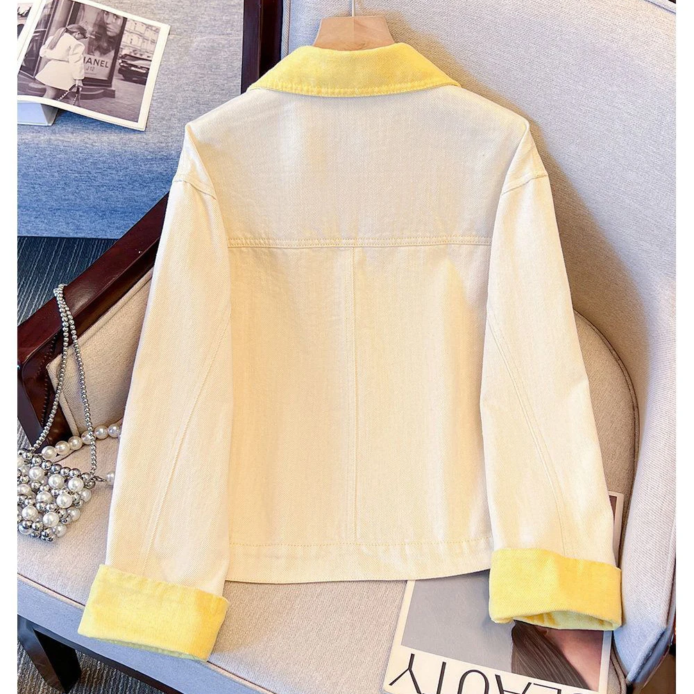 Kawaii Two Tone Contrast Denim Jacket Women Cream White Lemon Yellow Lapel Cuff Oversized Loose Short Casual Jean Outerwear