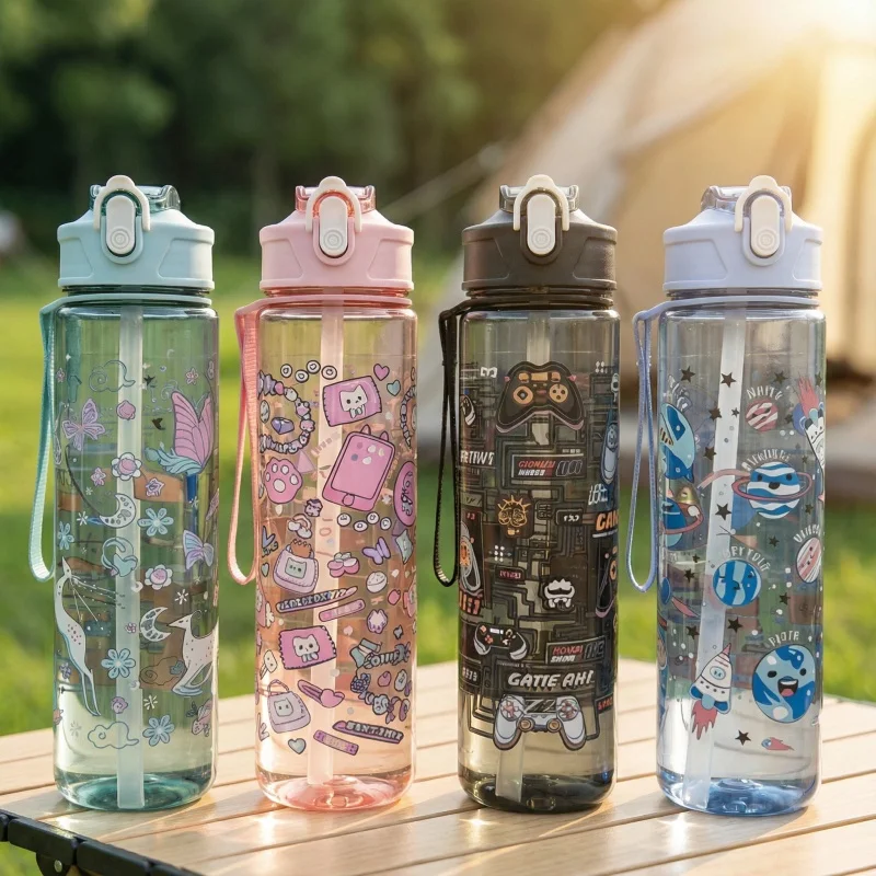 

Удобная 750 мл бутылка для воды с мультяшным принтом, портативная соломенная чашка, герметичная спортивная чашка большой емкости, уличный спортзал, спорт