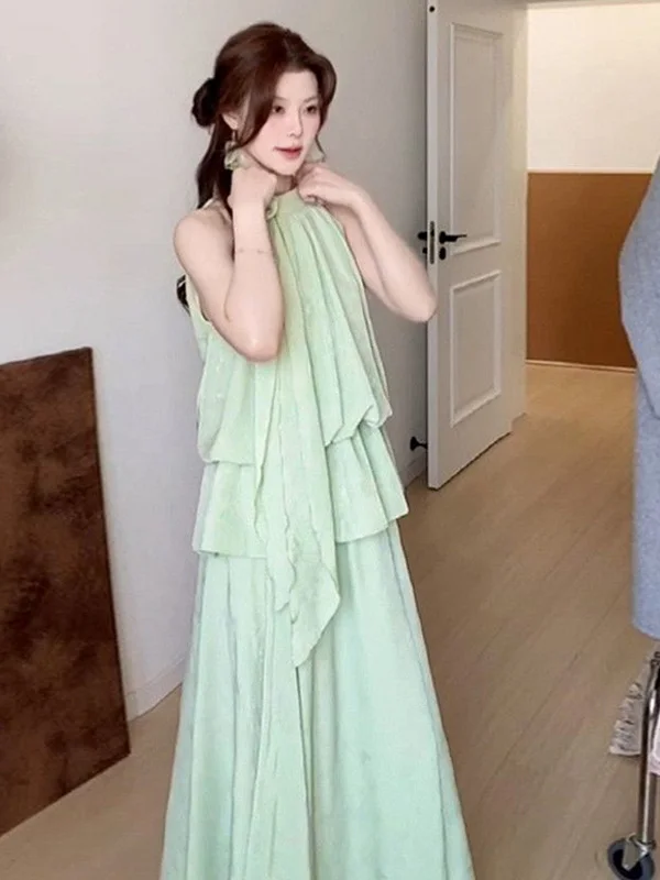 

Green Neck Hanging Strap Dress Women's Summer 2025 New Beach Vacation Style Slimming Long Dress Fashionable Commute Style