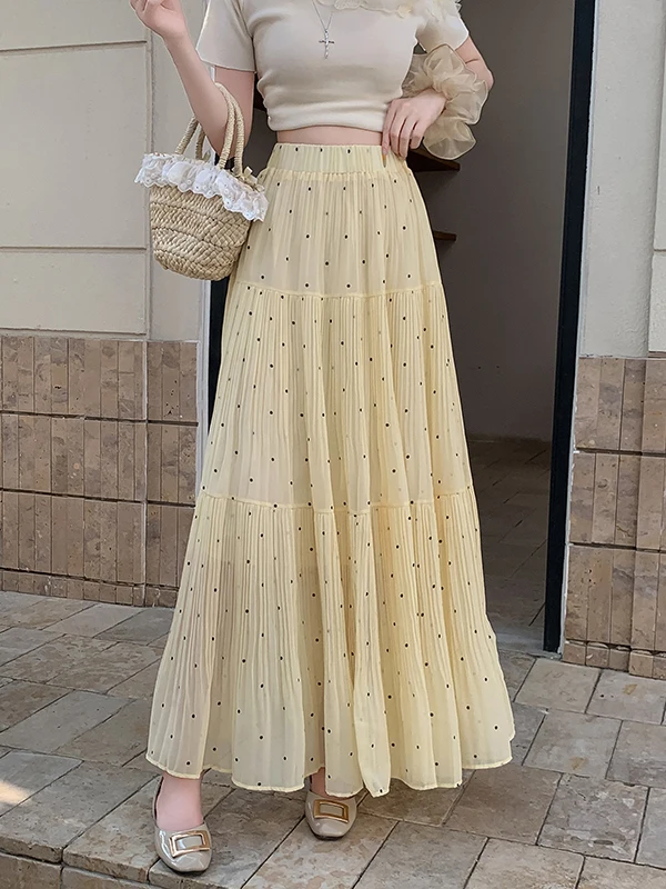 

Yellow Polka Dot Chiffon Maxi Skirt Women's Spring Summer High Waist A-Line Gored Skirt Ele Long Wide Hemline Pleated