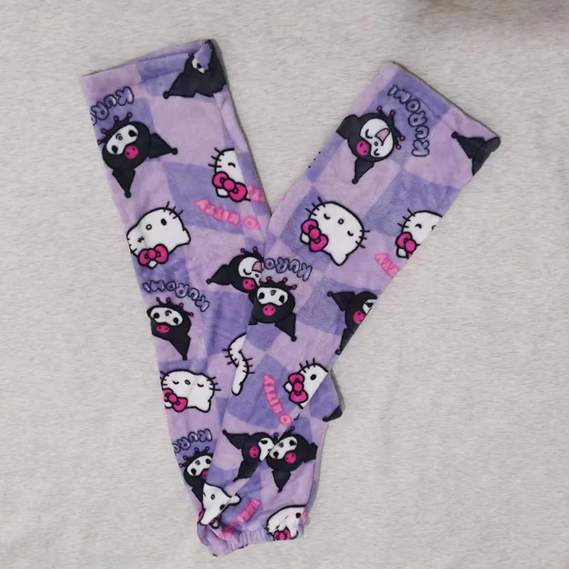 sanrio New Flannel Cartoon Kuromi Hellokitty Sleeping Pants For Women Autumn/Winter/Spring Home Casual Pants Purple