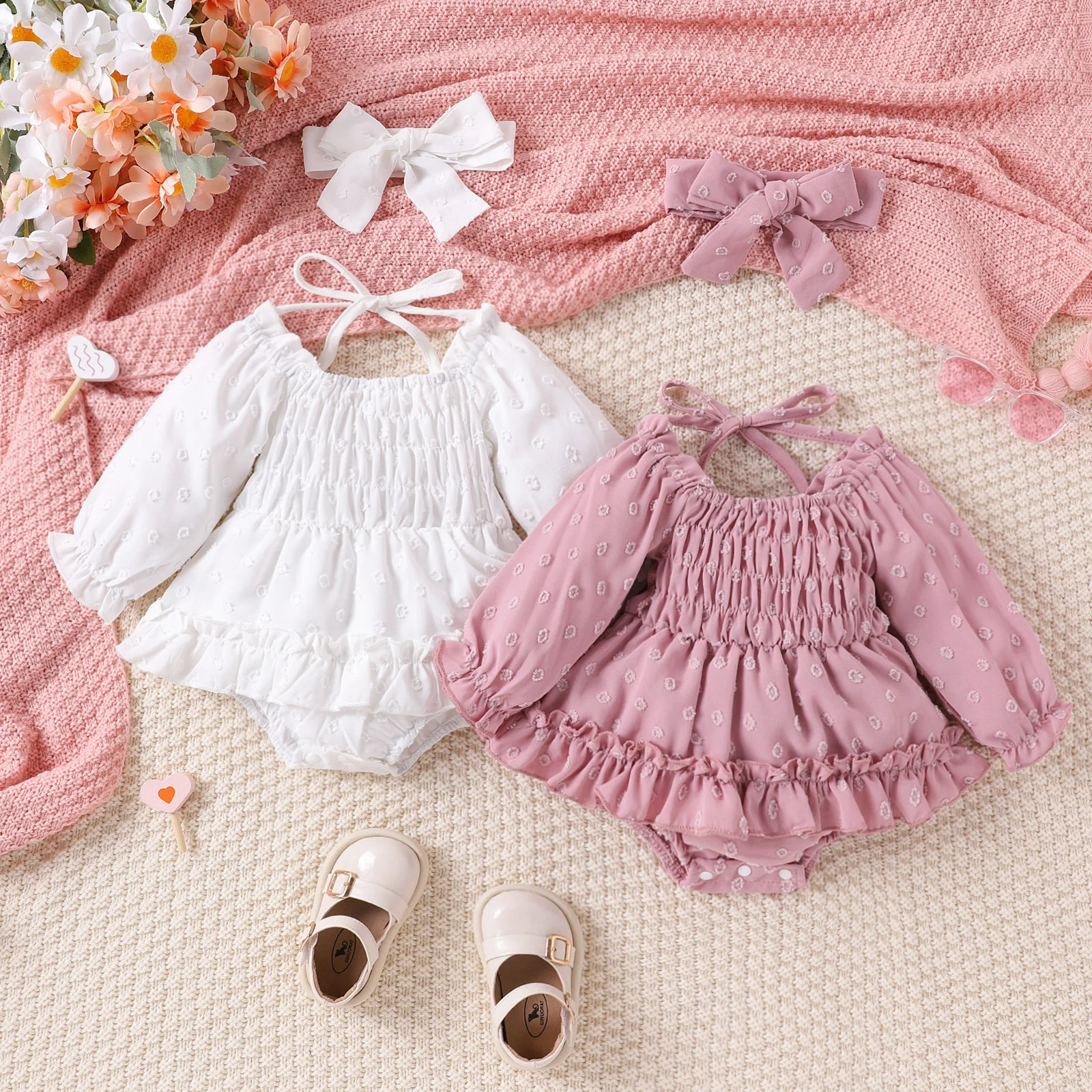 2PCS Spring And Autumn For Babies And Girls Soft And Comfortable Simple Two-Color Sunflower Long Sleeve Clothes + Headwear