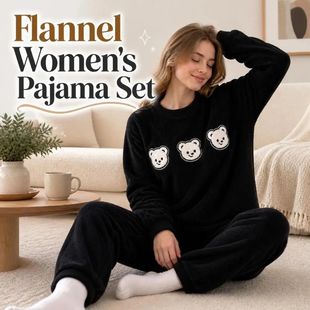 Cozy Flannel Fabric Women's Pajama Set Thickened Oversized Loungewear Set Round Neck Cartoon Sleepwear Set Bedroom