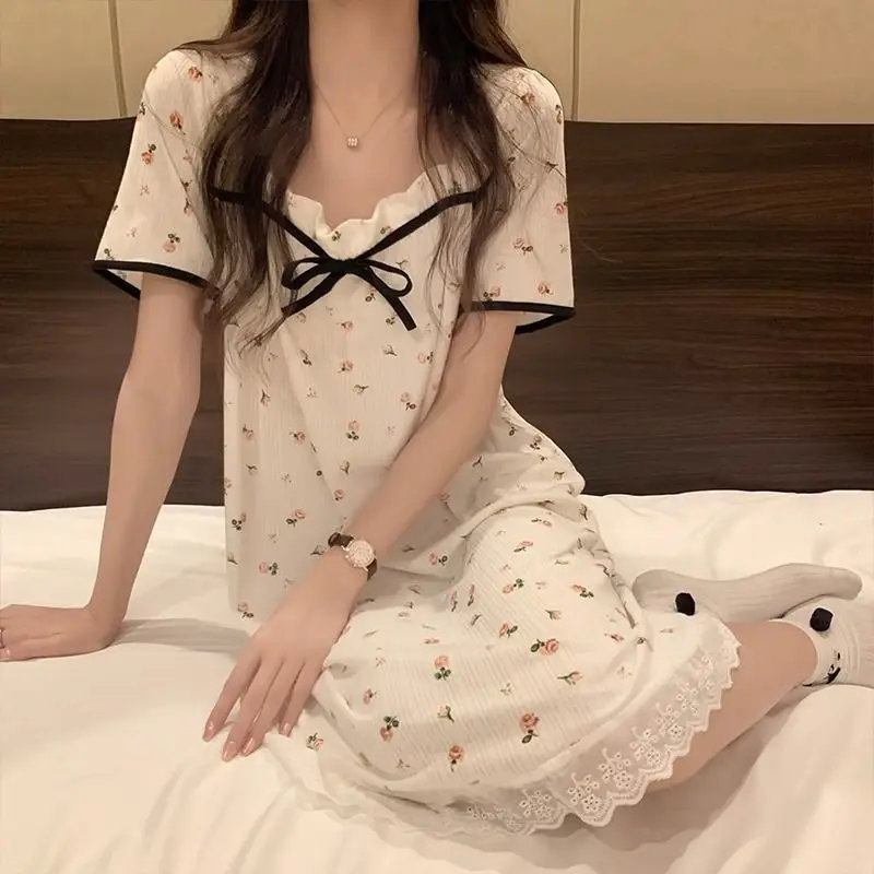 

Summer Nightgown Summer Short-sleeved New Style Student Cute Apricot Home Dress Thin Style Sleepwear for Women Sexi Nightdress