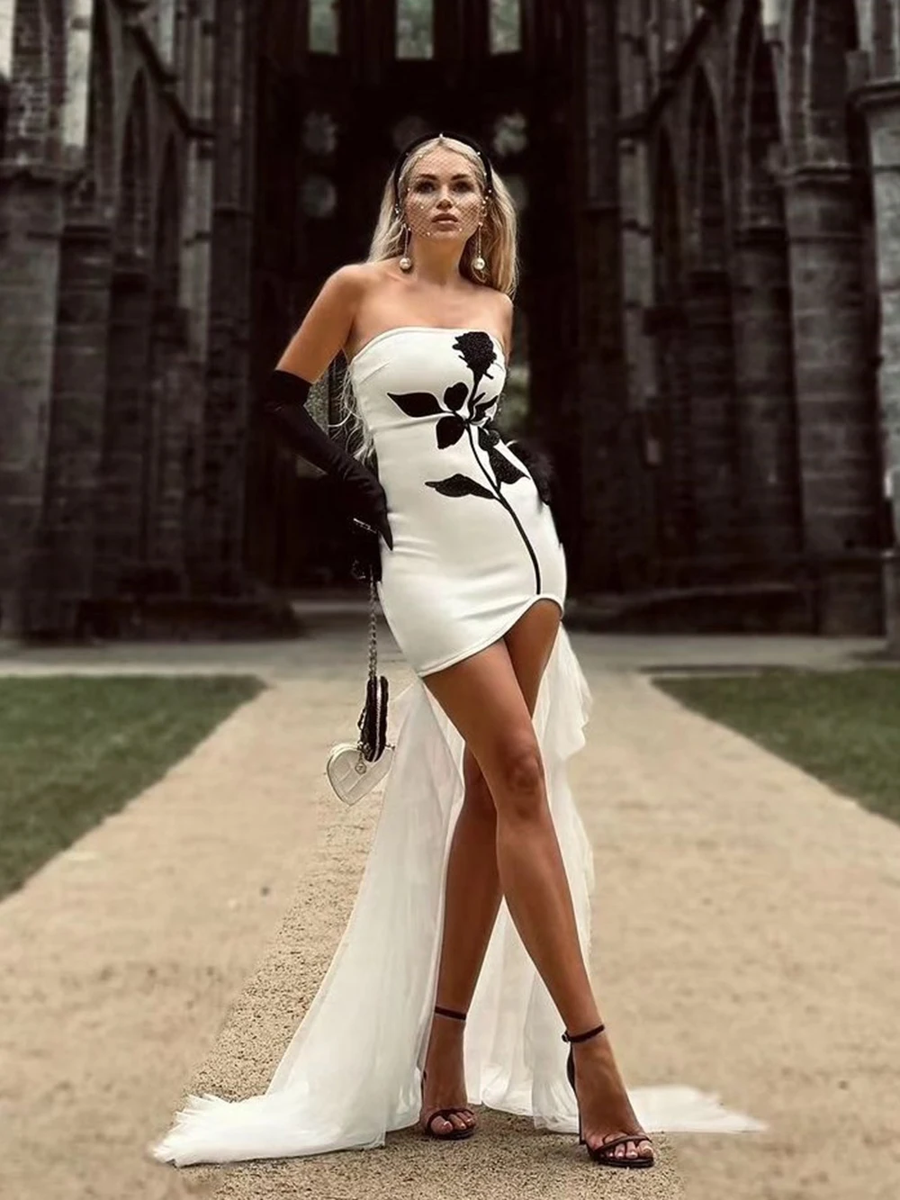 

Modphy Luxury Celebrity Evening Strapless Floor-Length Bandage Dress Diamonds Flowers Patchwork Mesh Bodycon Cocktail Party Gown