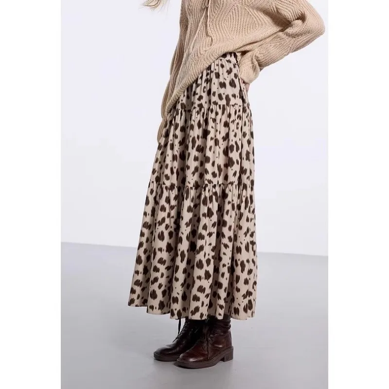봄 스타일 허리 슬림핏 유럽풍 미국풍 드레이프 크로치 커버 레오파드 프린트 케이크 롱 스커트 넓은 밑단 여성용 스커트