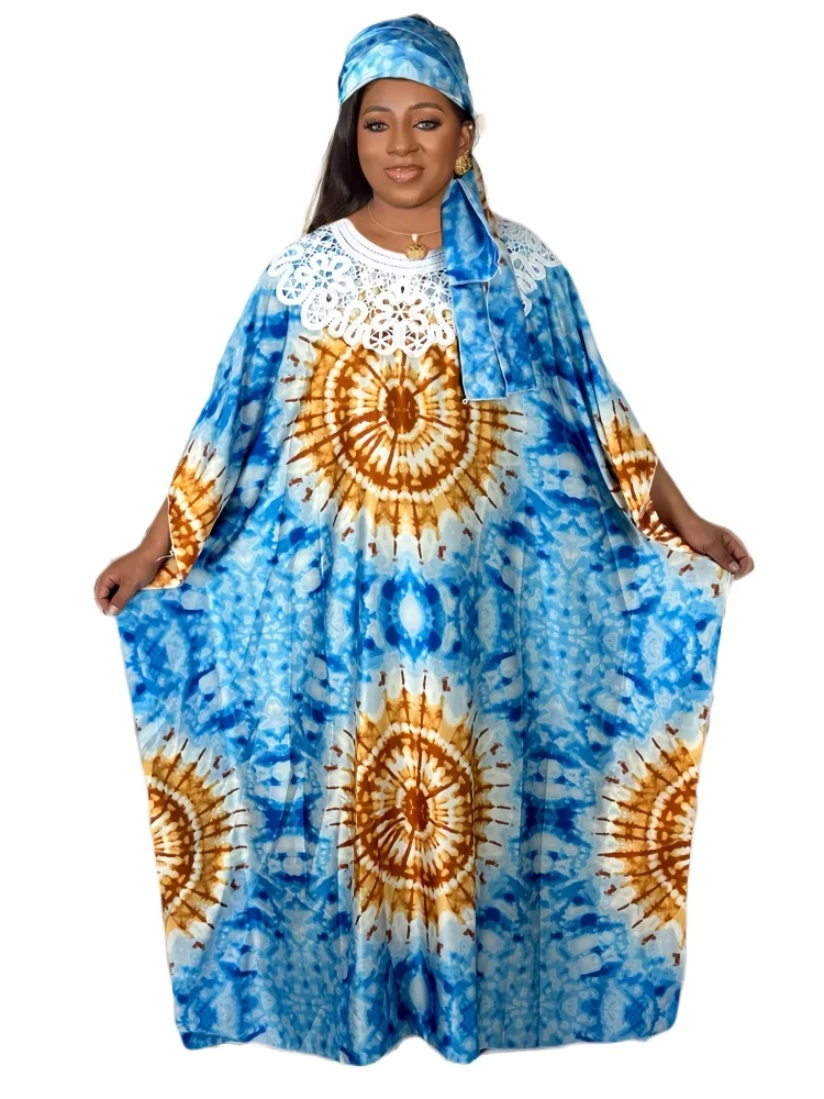 

2025 African large size women's clothing with hot drilling bat sleeves headscarf dress printed loose Eid al-Fitr Muslim women's