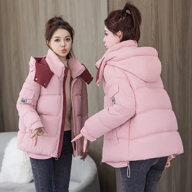 

White Parka Short Down Cotton Jacket For Women 2024 New Winter Fashion Hodded Loose And Small Thick Warm Quilted Cotton Jacket