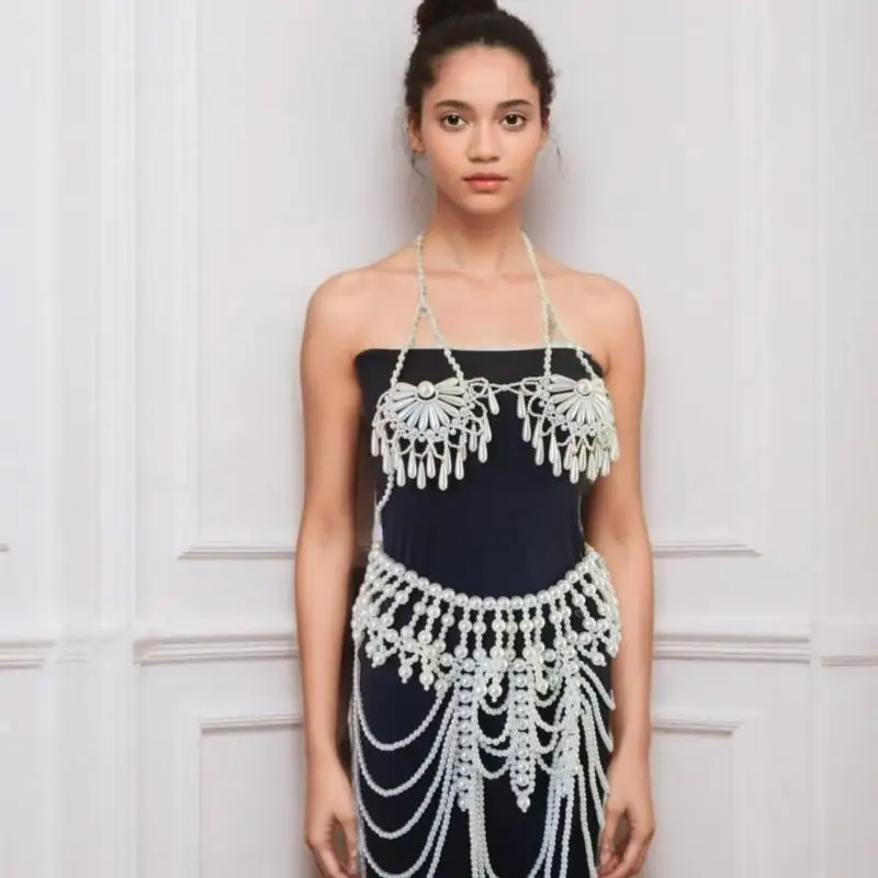 A52E Zarte Legierung Bh Kette Schmuck Für Frauen ABS Perlen Quasten Körper Kette Elegante Festival Strand Party Zubehör Set – Detail 5