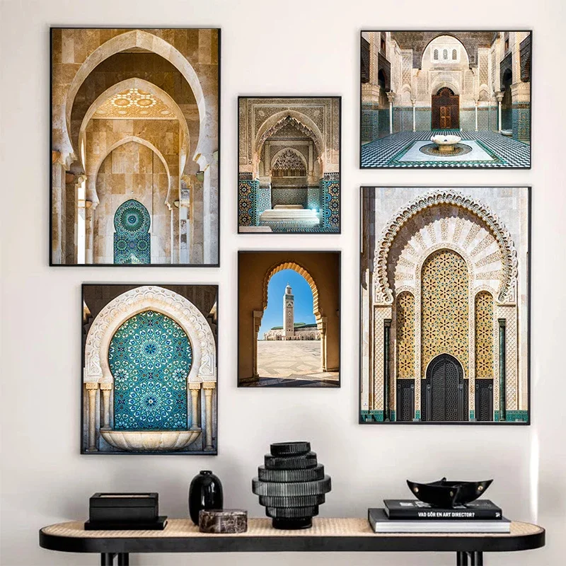 Moroccan Arch Islamic Building Hassan II Mosque Posters and Prints Canvas Printing Wall Art Picture for Living Room Home Decor