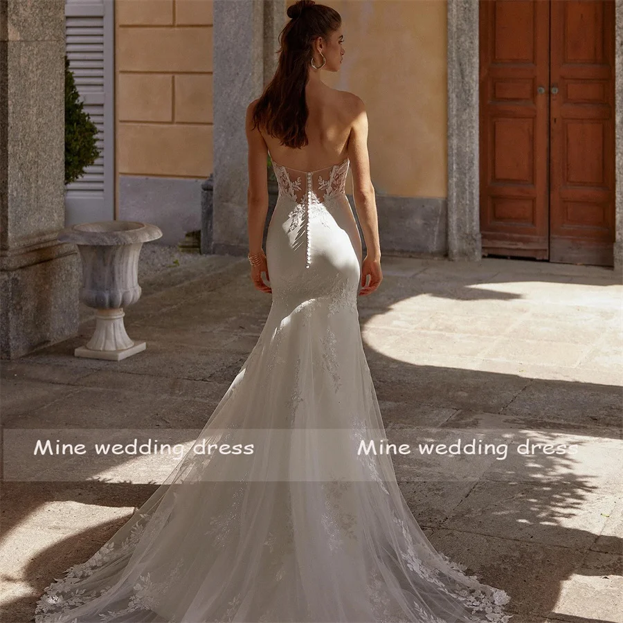 Pizzo senza spalline di lusso personalizzato per abito da sposa superiore gonna lunga bottoni con cerniera senza schienale abito da sera da donna per matrimonio