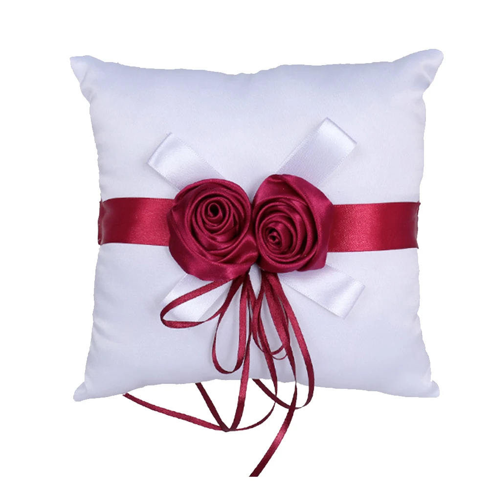 

White Wedding Ring Pillow with Red Roses for Bride Bridal Accessories Decorative Cushion Protect Ring Elegant Fashion