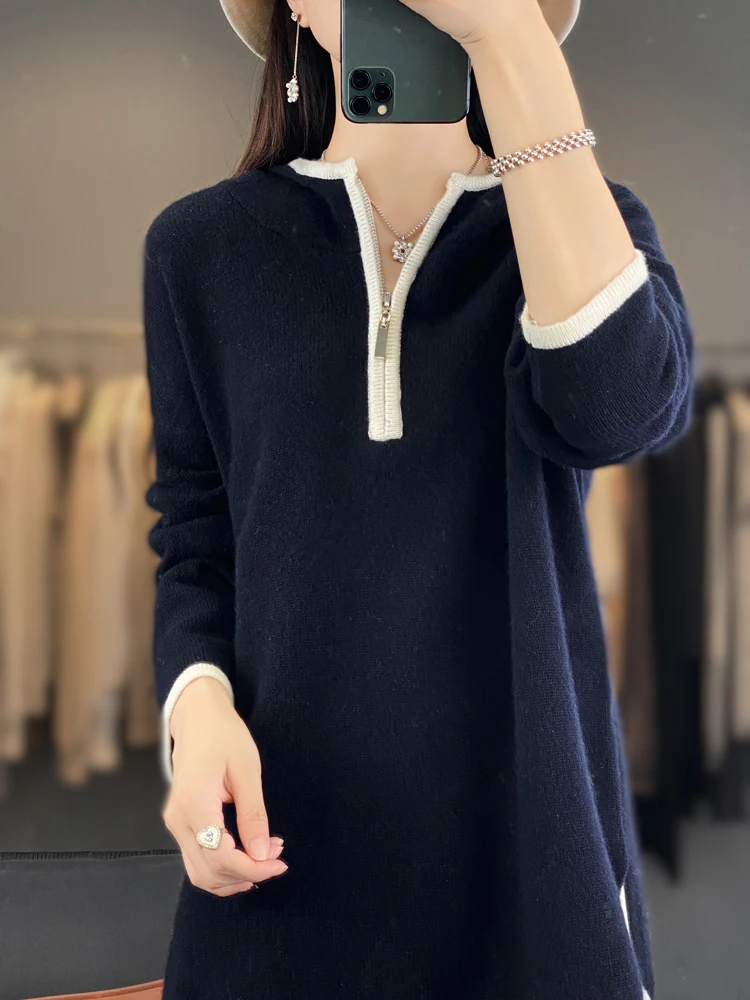 Thickened 100% pure cashmere sweater hoodie solid color pullover hooded sweater loose slim knit bottoming sweater