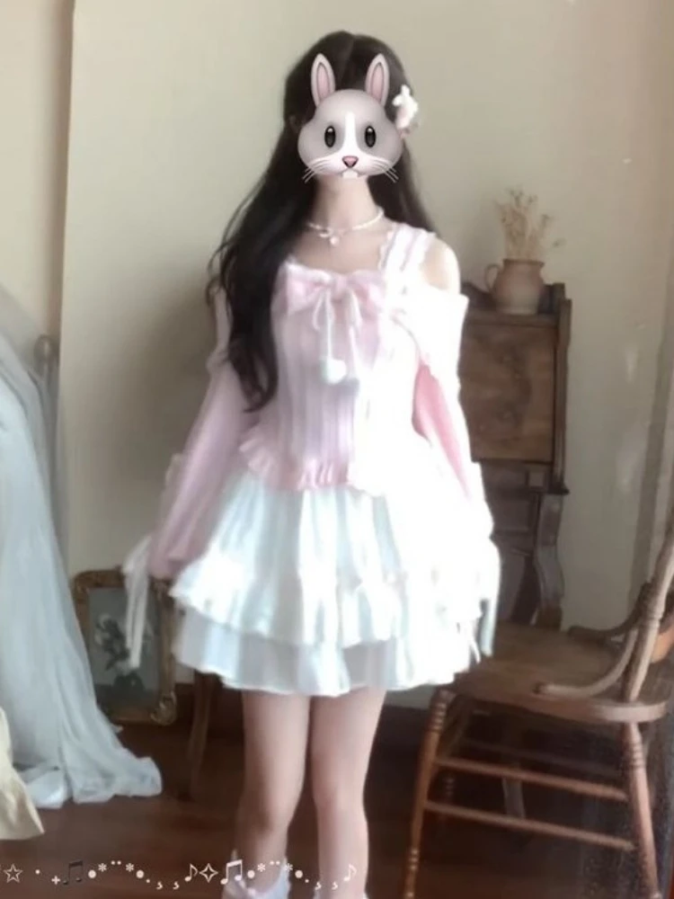 Conjunto de dos piezas con lazo y cuello oblicuo japonés, camisa ajustada con volantes Grunge Vintage Harajuku, falda informal elegante con pastel liso 2026