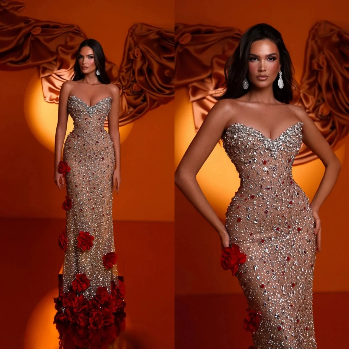 

Brilliant Rhinestones Evening Dresses Customized Sexy Strapless Sleeveless Prom Dress Floral Appliques Floor Length Party Gown