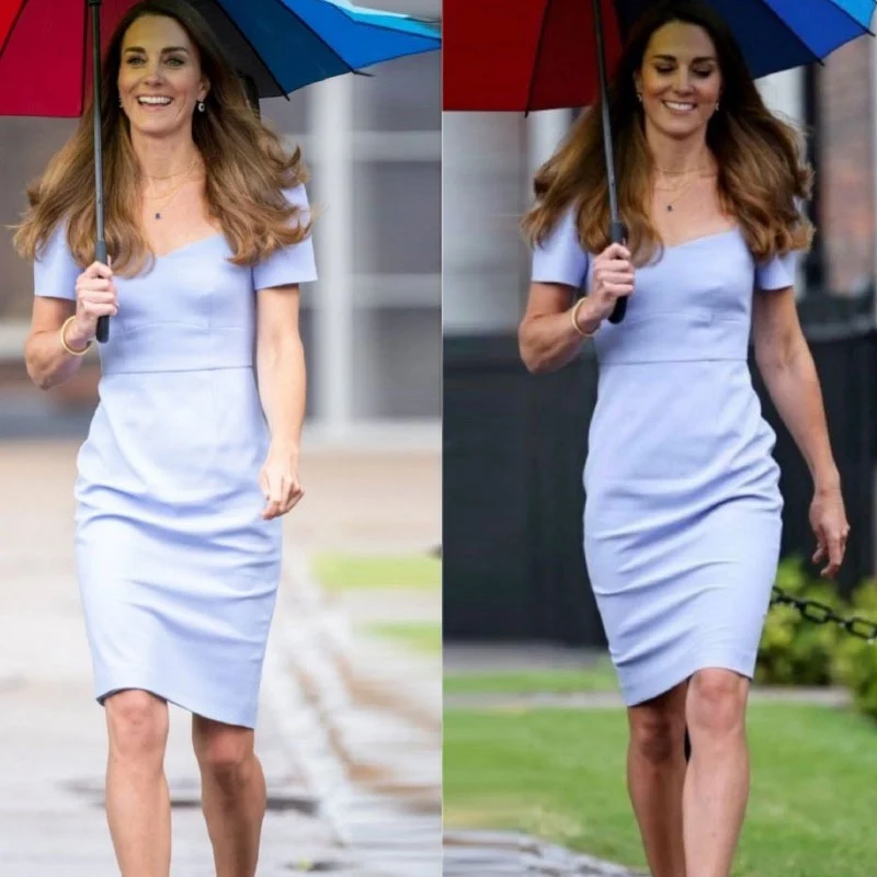 Princess Dress Fashion Kate Middleton Purple Dress Short Sleeve Square Collar Dress view 2