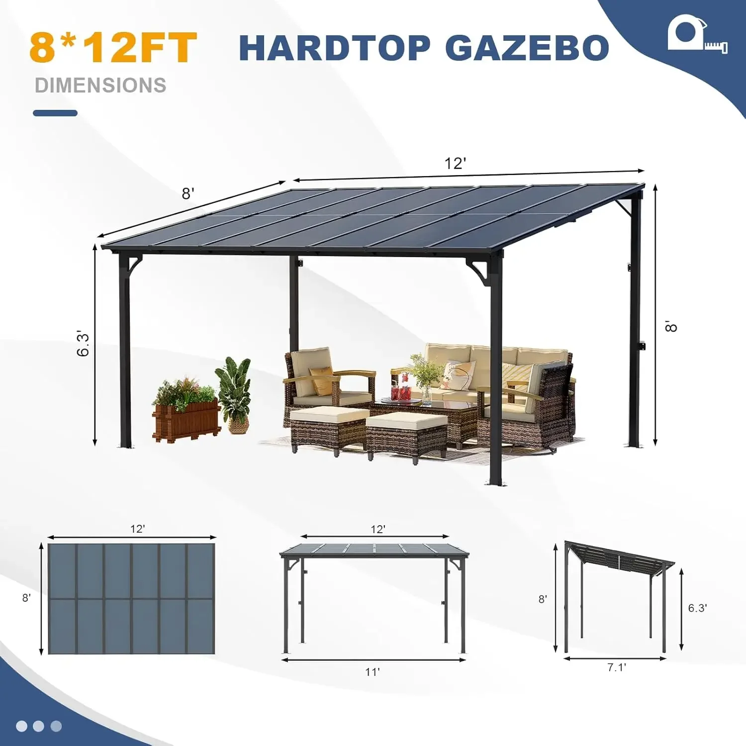

8' x 12' Wall Mounted Pergola, Lean to Metal Awnings, Sloped Roof Patio Gazebo Awning, Black