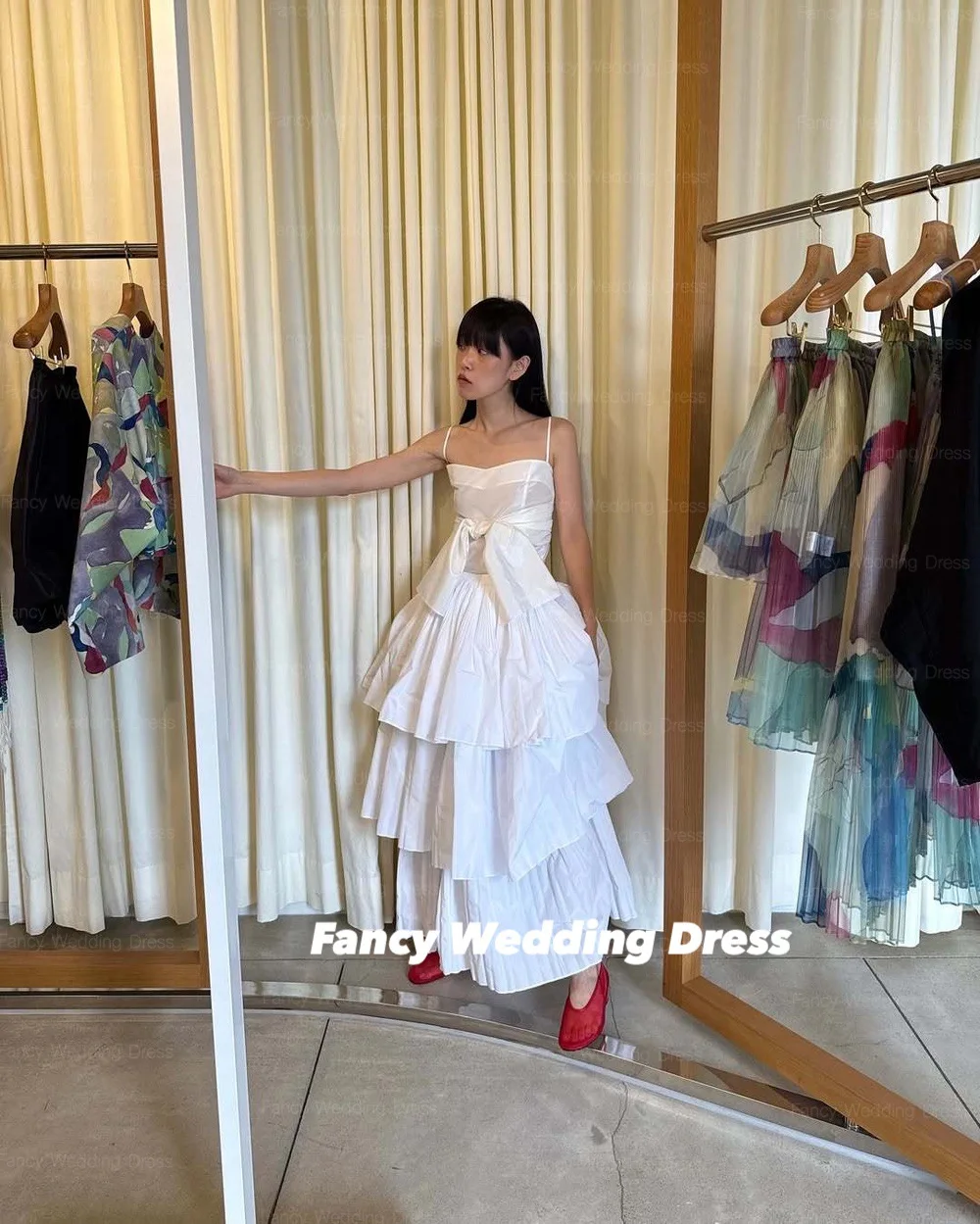 Fancy Special A Line Taffeta Wedding Dress Korea Bow Spaghetti Straps Evening Dresses Back Corset Floor Length Customized
