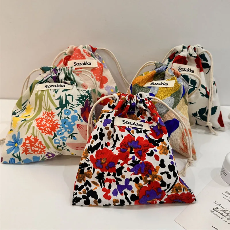 Vintage Drawstrings Coin Bags Purse Money Keys Earphones Cotton Fabric Organizers Pocket Lipstick Toiletry Makeup Storage Bags