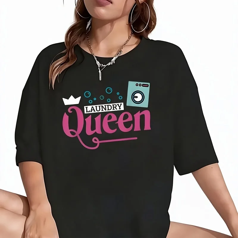 Laundry Queen Women's T-Shirt Funny Graphic Short Sleeve Tee Novelty Shirt Casual Crew Neck Top 100% Cotton S-5XL