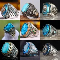 2022 new inlaid sea blue emerald men's ring Turkey retro domineering personality ring to attend the banquet high-quality jewelry