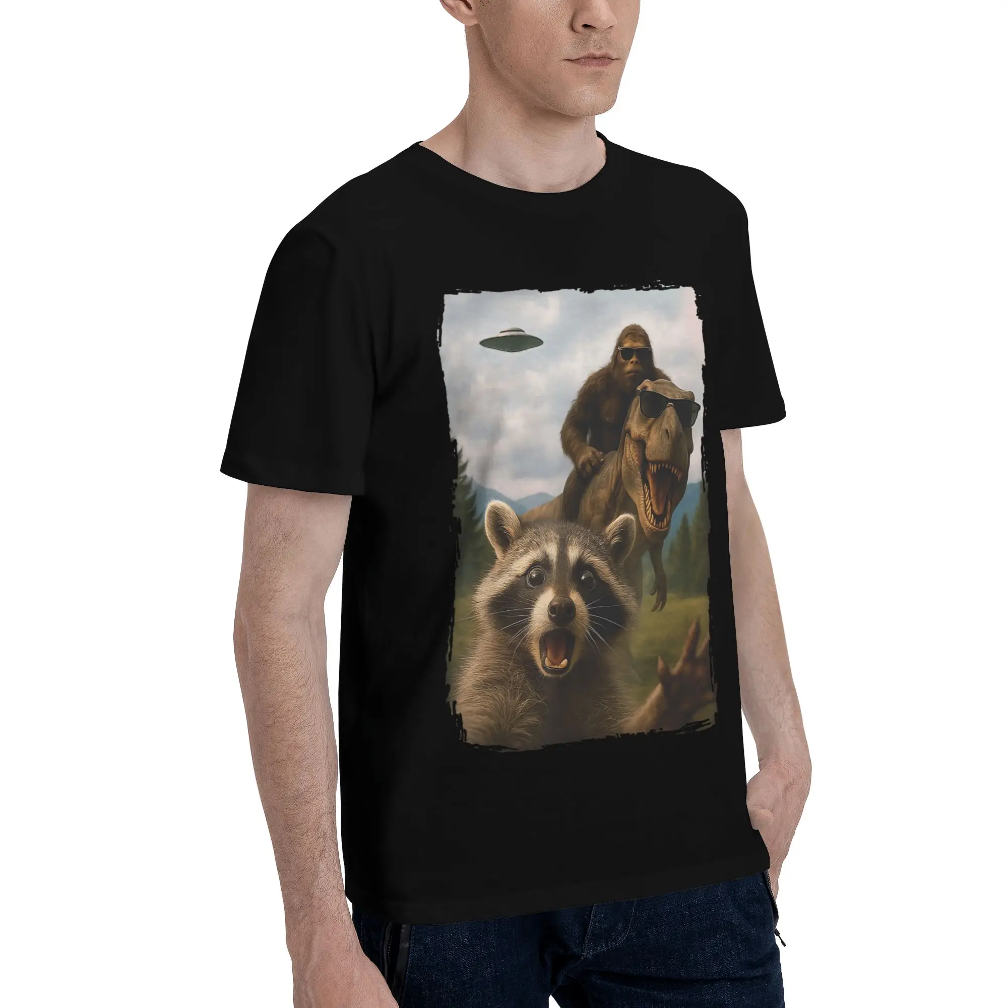 Mens Womens Funny Bigfoot Ride Dinosaur Raccoon Shirt Pure Cotton Print T-Shirt  Clothing Outfits
