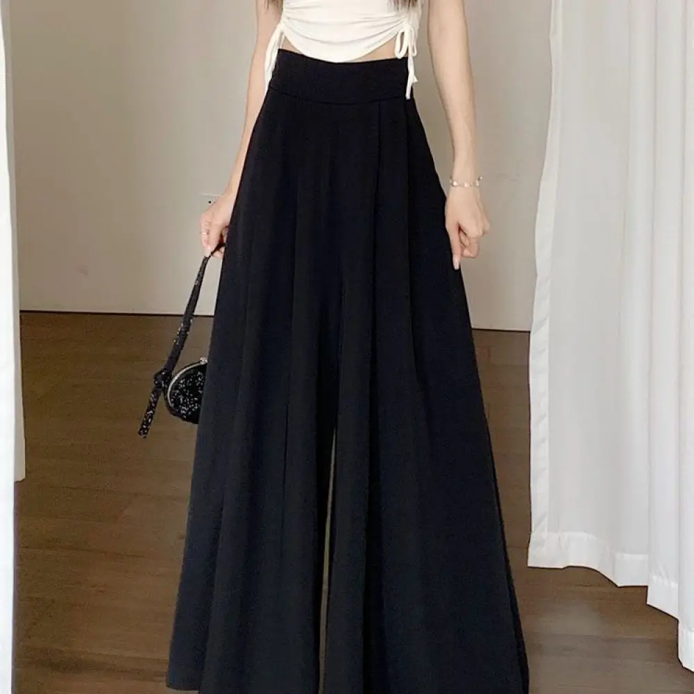 Women Wide Leg Skirt Pants High Waist Pleated Trousers Elegant Slimming Spring Autumn Business Casual Loose Bottoms