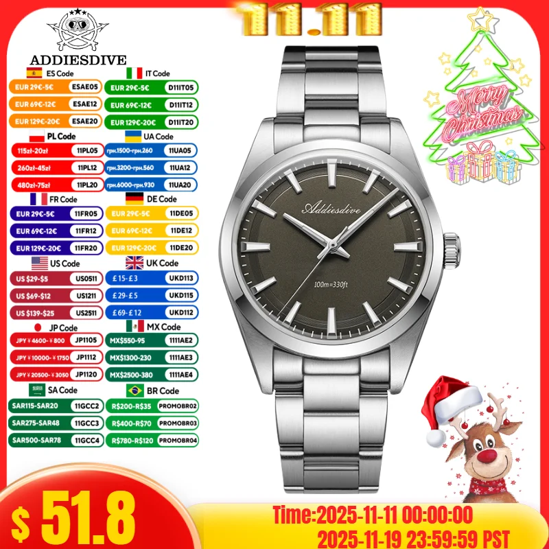 

ADDIESDIVE 36mm Watch For Men Reloj 316L Stainless Steel 10Bar Diver BGW9 Super Luminous Bubble Mirror Glass VH31 Quartz Watches