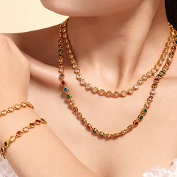 Multi Colors Stainless Steel Necklace Bracelet for Women Men Tennis Chain Stones Zircon Inlaid Gold Plated Waterproof Jewelry