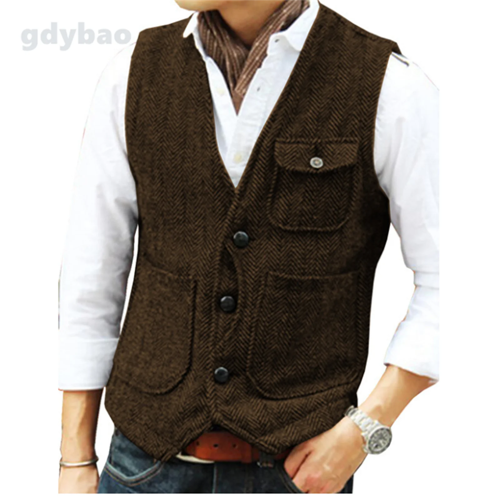 Men\'s Vest Burgundy Herringbone Tweed Tailored Collar Double-Breasted Vests Coffee Business Waistcoat for Men Clothing