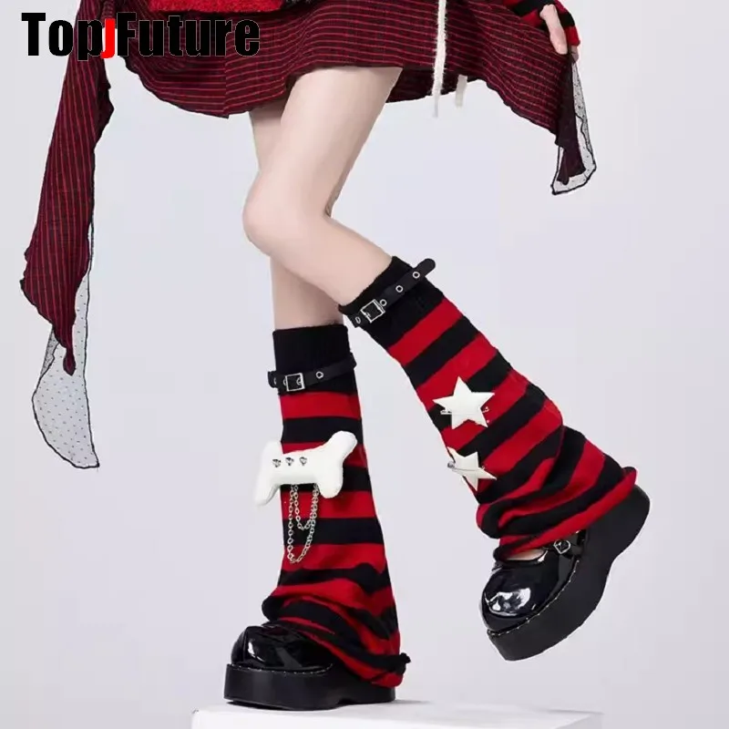 Women Rock Harajuku Steampunk Furry Leg Warmer Y2K Girl Gothic Rivet Metal Spike Faux Fur Boot Covers Streetwear Leg Warmers