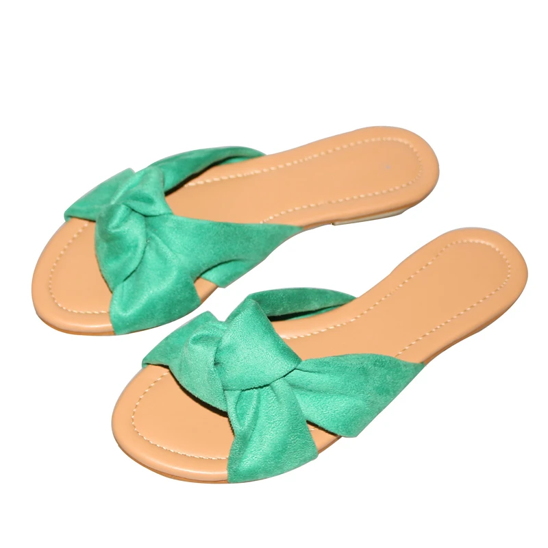 

Pink Green Blue Faux Suede Cross Knot Peep Toe Slipper Sandals Simple Flats Heel Woman Causal Slide Shoes