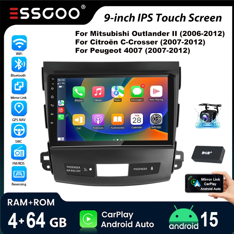 ESSGOO Autoradio Android15 9" 4+64 GB für Mitsubishi Outlander II/Citroën C-Crosser/Peugeot 4007 GPS Navigation Wireless CarPlay WiFi RDS Bluetooth 2+32 GB FM CANBUS Mirror Link Lenkradsteuerung