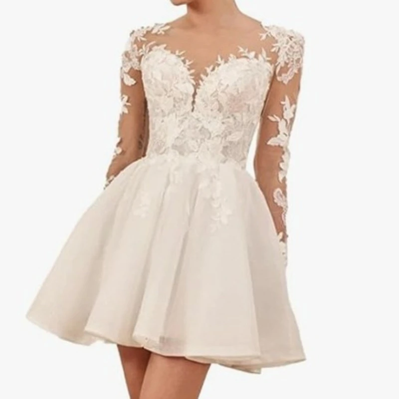 فستان زفاف قصير مخصص كم طويل مغرفة الرقبة زين بريق تول ألف خط ثوب الزفاف الصغير ل رداء العروس #5