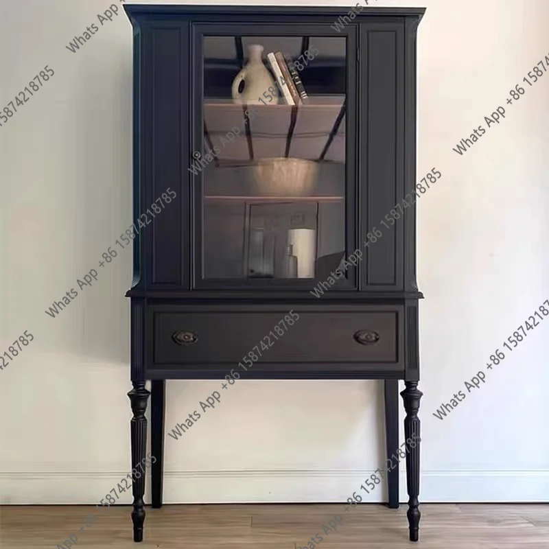 

French retro solid wood wine cabinet medieval living room against the wall storage entrance dining side glass door bookcase