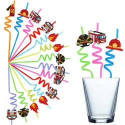 Pajitas para beber en espiral de plástico para decoración de fiesta de bombero, pajita reutilizable para camión de bomberos, suministros de recuerdo de fiesta de cumpleaños para niños, 8 Uds.
