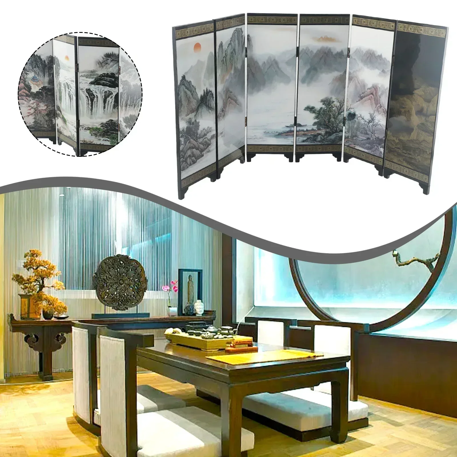 Oriental Office Wooden Screen Divider Separator Retro Chinese Privacy Small Mini Folding Room Partition Crafts 48*24*0.6cm