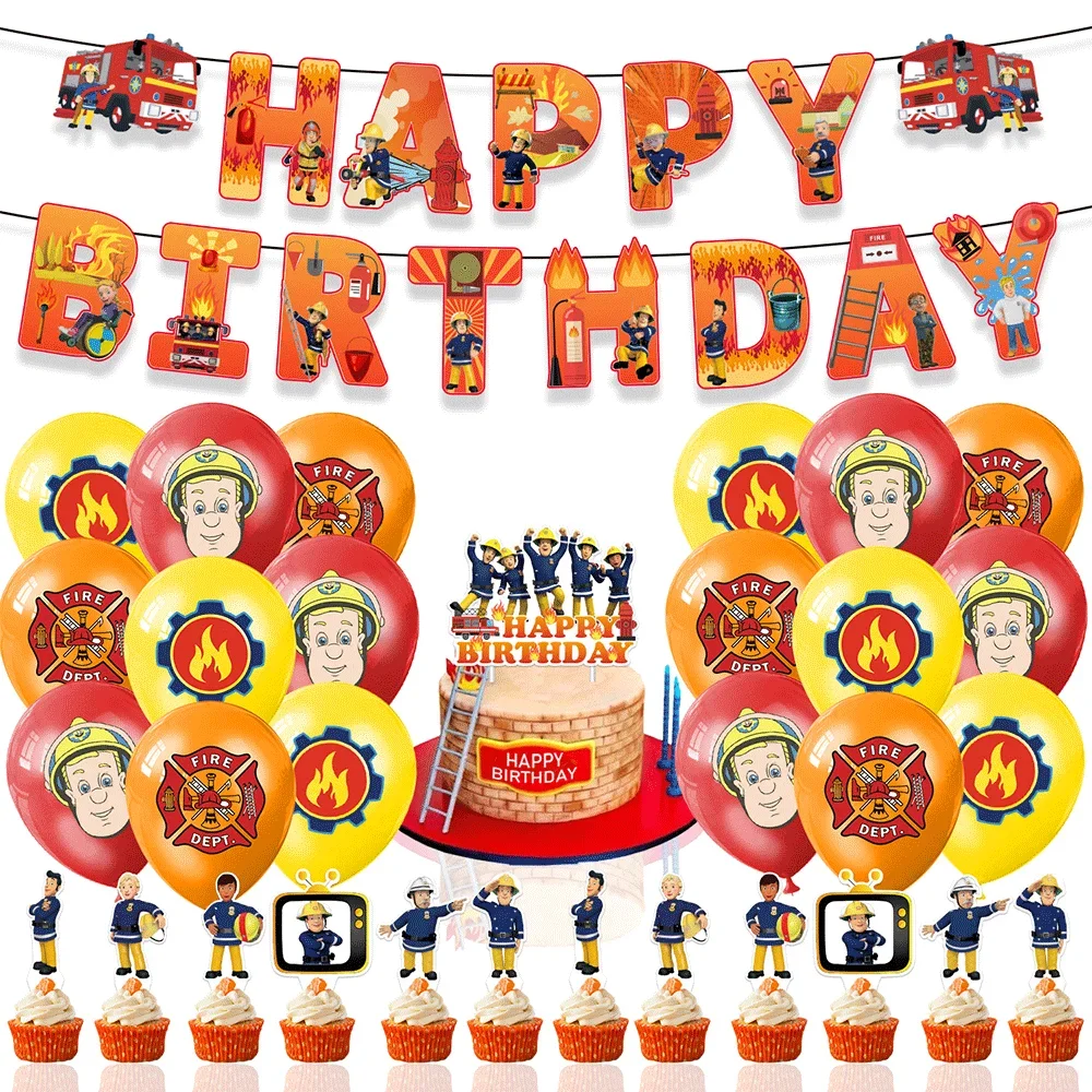 Fireman Sam Birthday Party Decoration Tableware Balloons Banner Fire Hydrant Straw Cups With Lids for Kids Firefighter Gift Boys