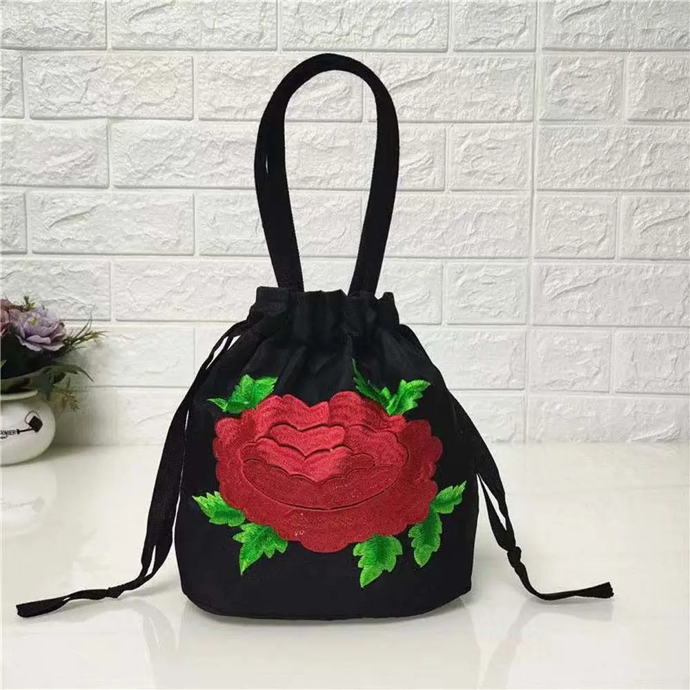 Satin Silk Hanfu Drawstrings Bag Ethnic Style Rose Flower Embroidery Flower Handbag Storage Phone Bag Korean Small Purse Wallet