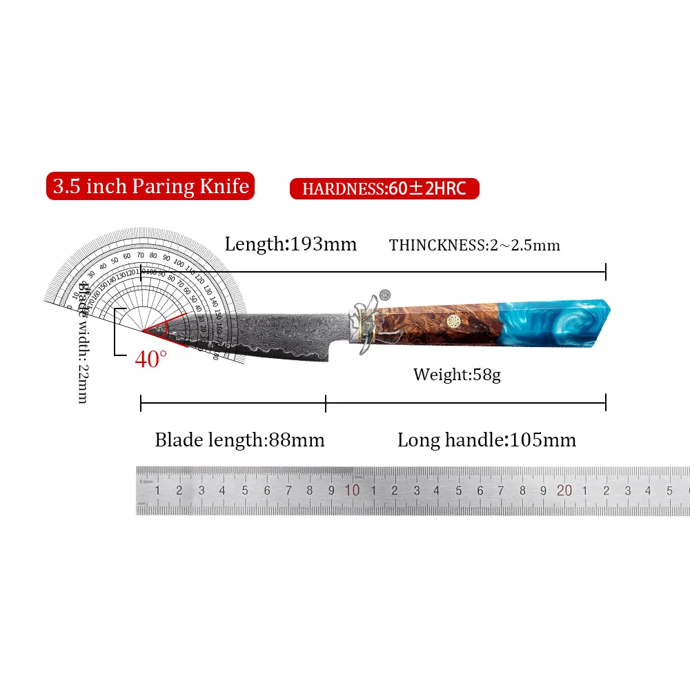 YAN Professional 3.5 inch Paring Japanese Damascus VG10 Knife chef Kitchen Knife Octagonal Maple Burl Wood Composited Resin