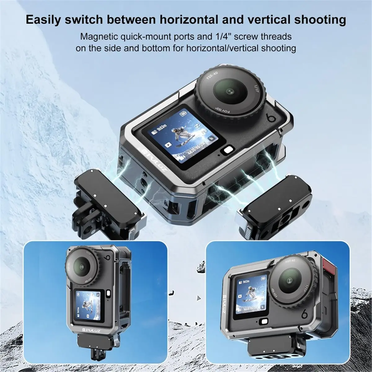 N94R PULUZ Metal Dual Opening Camera Cage for DJI Osmo Action 6 Protect Frame with Silicone Lens Cap