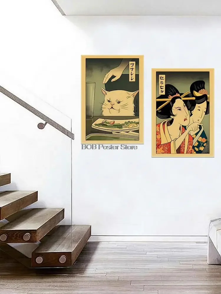 Japanese Funny Poster Kraft Paper Painting Japanese Woman Yelling At Cat Print Wall Sticker Art Pictures for Living Room Bedroom