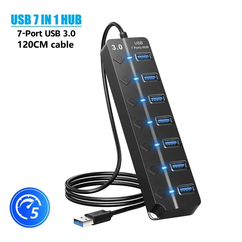 USB Hub 3.0 Multiprise USB High Speed Splitter 7 Port 5Gbps Hub Power Adapter with Switch Long Cable with Multiple Expander Hub