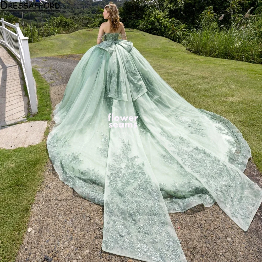 

Мятно-зеленые платья для квинсеаньеры (15 лет) с открытыми плечами, на шнуровке, из тюля, модель 2026 года, на заказ