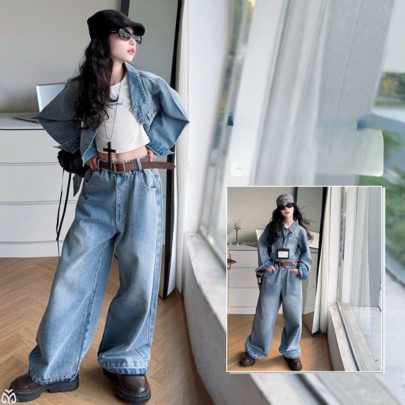 

Retro light blue teen girls cowboy clothes set denim jacket+wide-leg jeans 2pcs junior kids coat pants suit child outfits 4-14